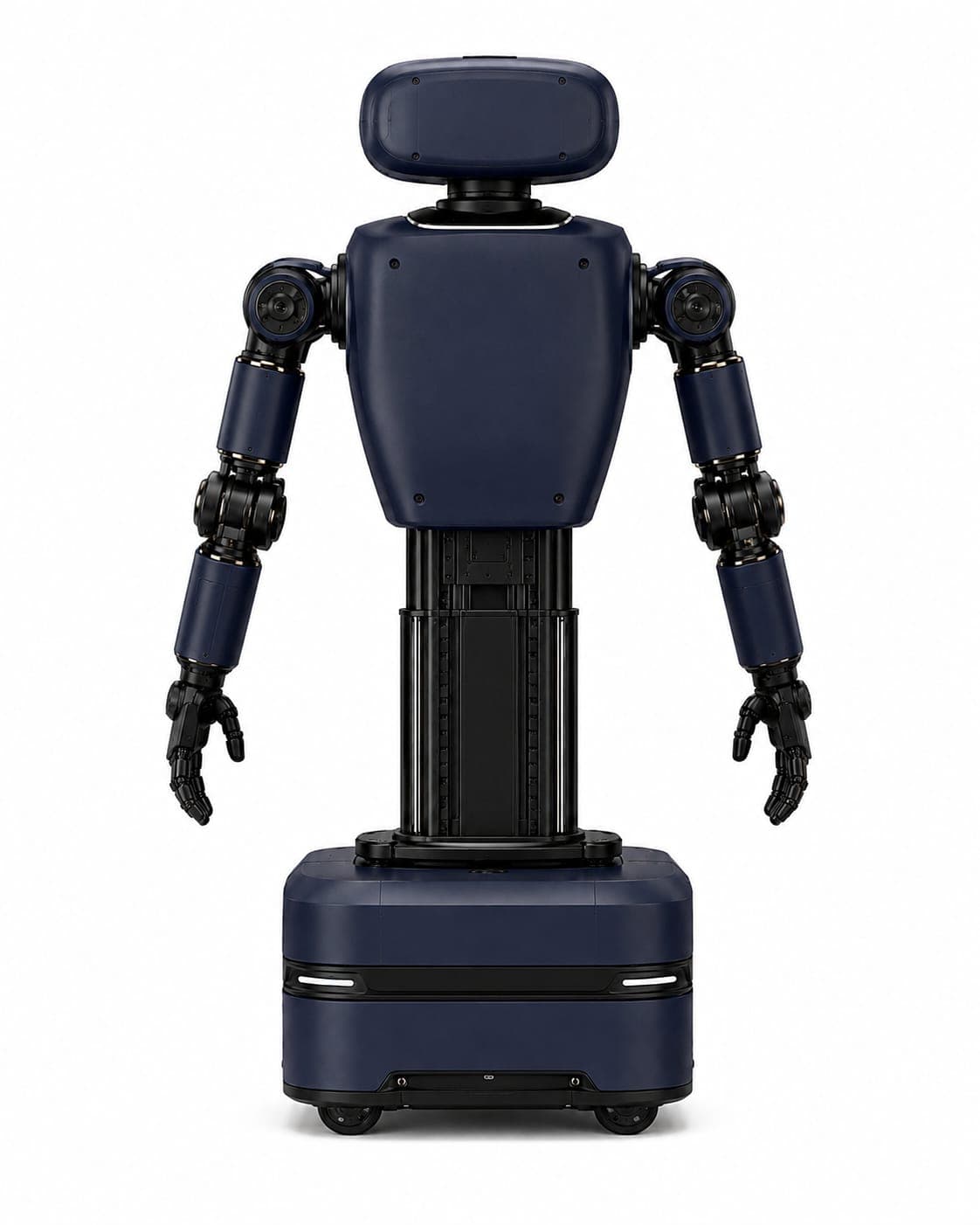 KIMI seen from behind: the plain navy rear shells of the head and torso, the black telescoping column exposed between the two arms, and the wheeled base with its rear light strips.