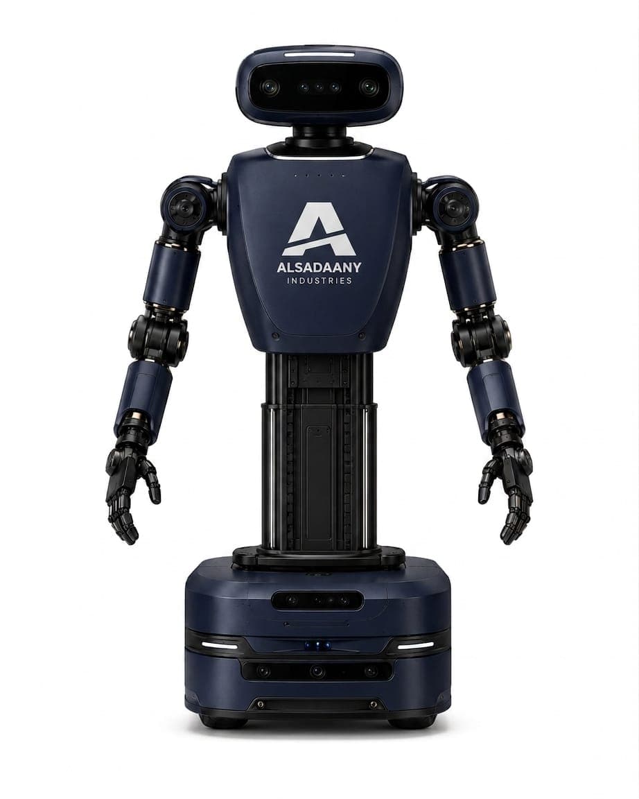 KIMI seen from the front: a dark navy-blue mobile robot with a wide sensor head, two articulated arms ending in black multi-finger hands, a black telescoping torso column, and a rounded navy base on wheels.