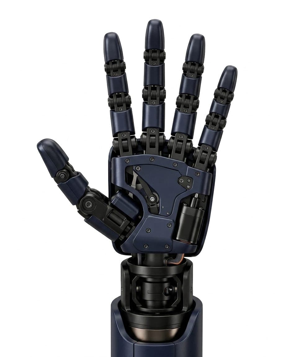 One of KIMI's hands shown on its own: five navy digits including an opposable thumb, each finger built from three articulated segments over black joints, on a palm plate with a visible internal linkage, mounted on a black wrist joint.