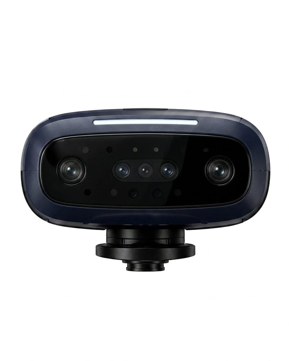 KIMI's sensor head shown on its own: a wide navy housing with a dark glass fascia carrying two outer camera lenses, a central cluster of three smaller lenses, and rows of small apertures above and below them, with a white light strip along the top edge and a black articulated mount beneath.